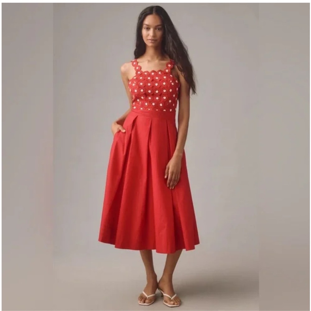 {Anthropologie} Maeve Red Midi Dress with Embroidered Floral Detail, NWT